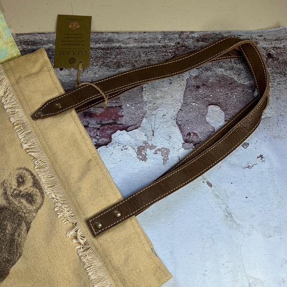 Clea Ray US Mail Owl Graphic Repurposed Canvas Tote Book Bag Leather Straps - Picture 3 of 11